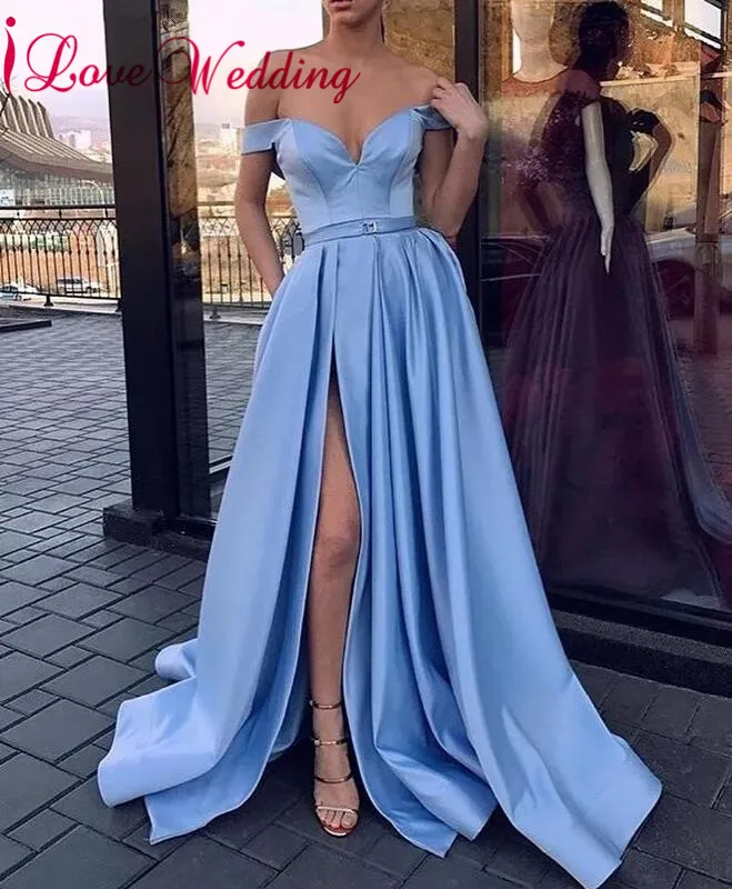 ILoveWedding со спущенными плечами Синие атласные вечерние платья на заказ линии