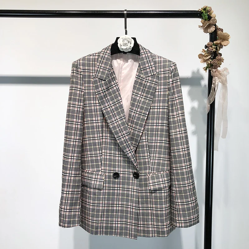 2018 Europe Style Women Plaid Blazer&Trouser Suits 2 Pieces Set Full Sleeve Long Pants Double Breasted Female Coat Elegant OL 2018 Europe Style Women Plaid Blazer&Trouser Suits 2 Pieces Set Full Sleeve Long Pants Double Breasted Female Coat Elegant OL