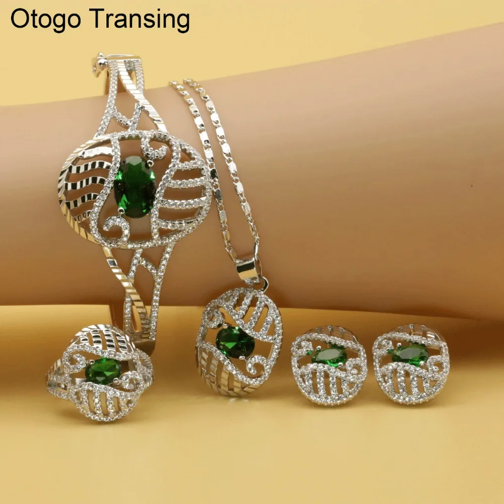 Otogo transing кулон/серьги/браслет комплект ювелирных изделий Серебро Цвет зеленого цвета с украшением в виде кристаллов циркония классический свадебный комплект ювелирных изделий Для женщин SET203