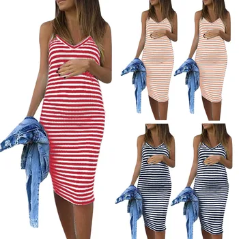 

Maternity Sexy Dresses Sleeveless Striped Print Breastfeeding Sundress Pregnancy Dress Photography Props Premama Summer Clothing