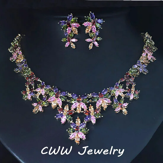 

CWWZircons Light Yellow Gold Color Jewelry Flower MultiColored CZ Crystal Big Statement Necklaces And Earring Set For Women T184