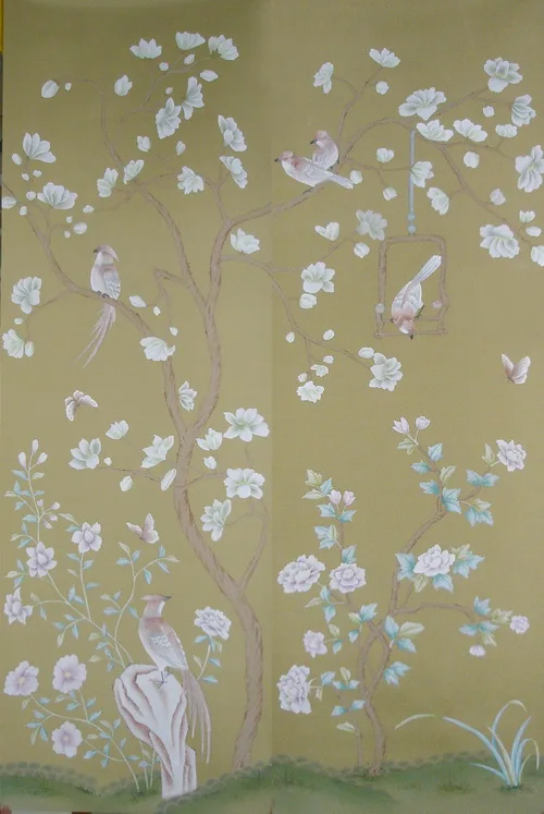 

Classic Hand-painted silk wallpaper painting Customized Magnolia with birds wallcovering many arts and background optional