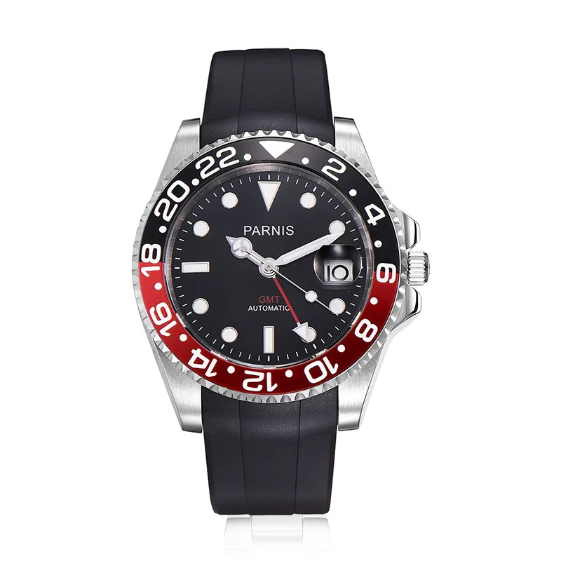 Parnis логотип 40 мм автоматические мужские часы черный красный ободок ремешок из нержавеющей стали GMT календарь Diver Мужские механические часы horloge - Цвет: rubber black red