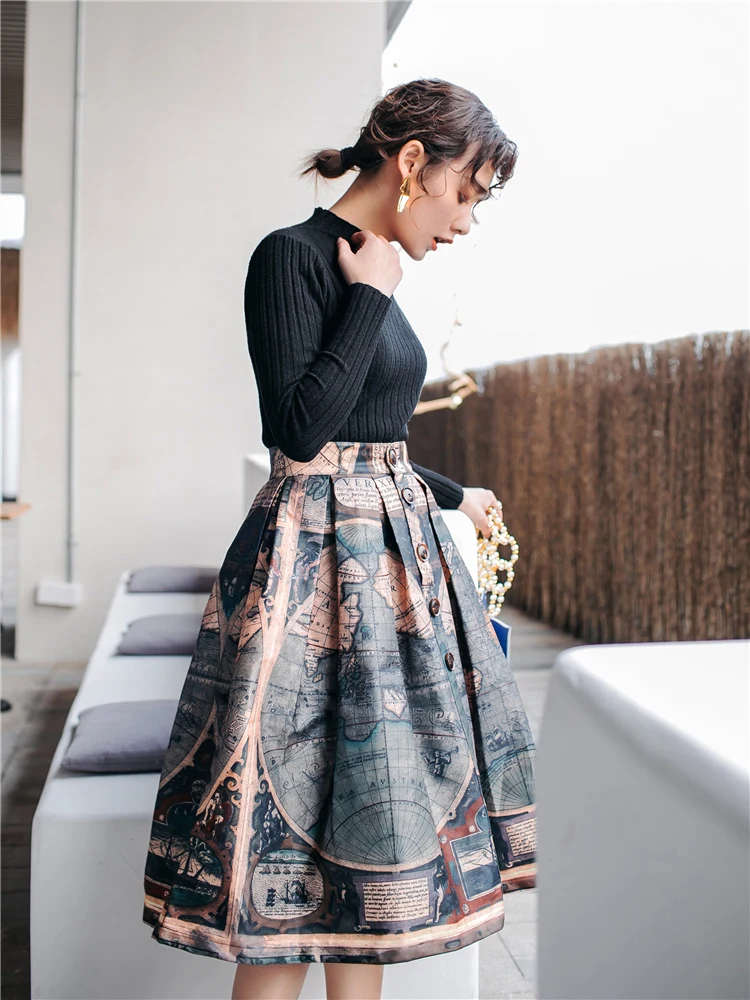 SHENGPALAE, лето, весна, Япония, корейская мода, шикарный стиль, винтажный принт, заклепки, модное женское бальное платье до середины икры, юбка ампир, FQ391