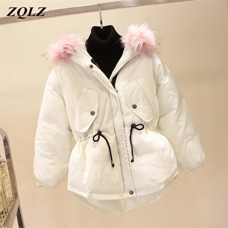 

Zqlz Winter Loose Down Jacket Women 2018 Fashion Big Fur Collar Hooded Parka Mujer Cotton Padded Jacket Winter Female Coat
