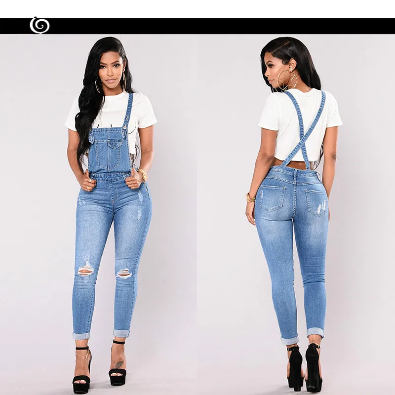 

QMGOOD Women Denim Overalls Ripped Stretch Dungarees High Waist Long Jeans Pencil Pants Rompers Jumpsuit Blue Jeans Jumpsuits