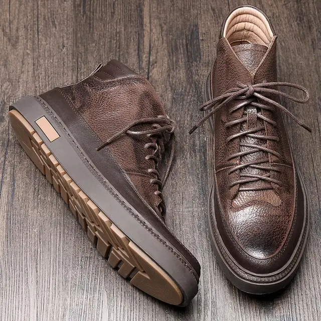 Men Genuine Leather Winter Boots Lace Up Black Ridding Boots Boys Students Casual Ankle Boots Fashion Sneakers Shoes Coffe