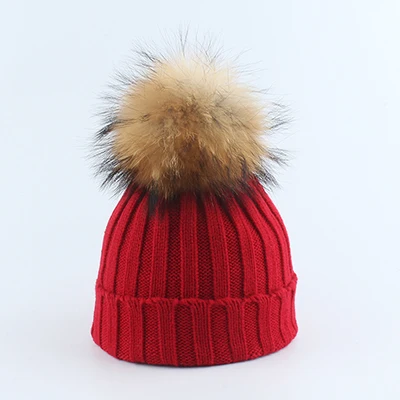 Детские зимние шапки меховая шапка с вязаным помпоном шапка для мальчиков и девочек; детская вязаная шапка с ушками для детей - Цвет: wine red