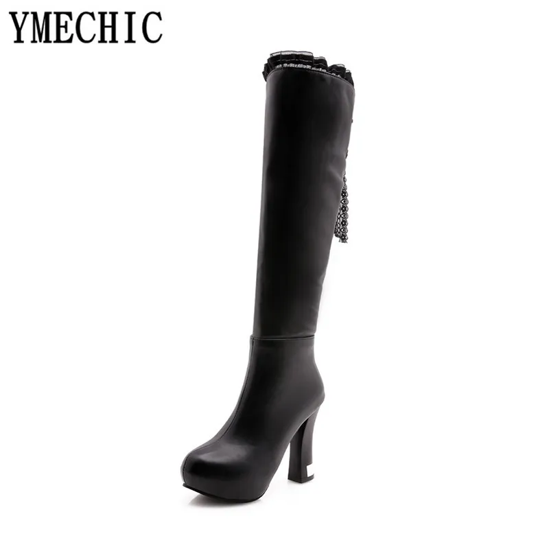YMECHIC/ г.; модные милые розовые и белые рыцарские сапоги до колена на платформе с перекрестной шнуровкой и кружевными оборками для верховой езды на высоком каблуке; обувь 43 - Цвет: Черный