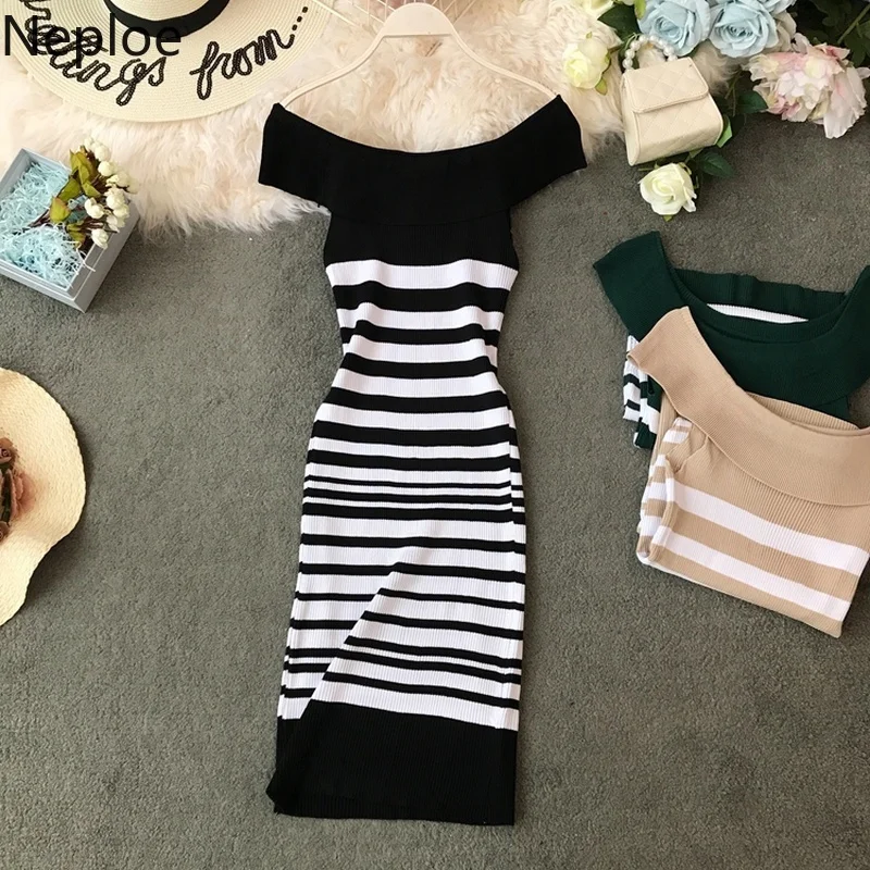 

Neploe Striped Knitted Women Dress Summer 2019 New Slash Neck Short Sleeve Vestido Sexy Shoulder Strapless Bodycon Dresses 44576