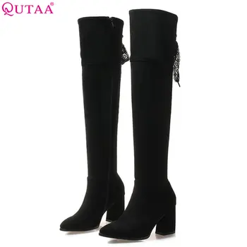 

QUTAA 2019 Square High Heel Women Over The Knee High Heel Pointe Toe Winter Boots Women Shoes Women Boots Big Size 34-43
