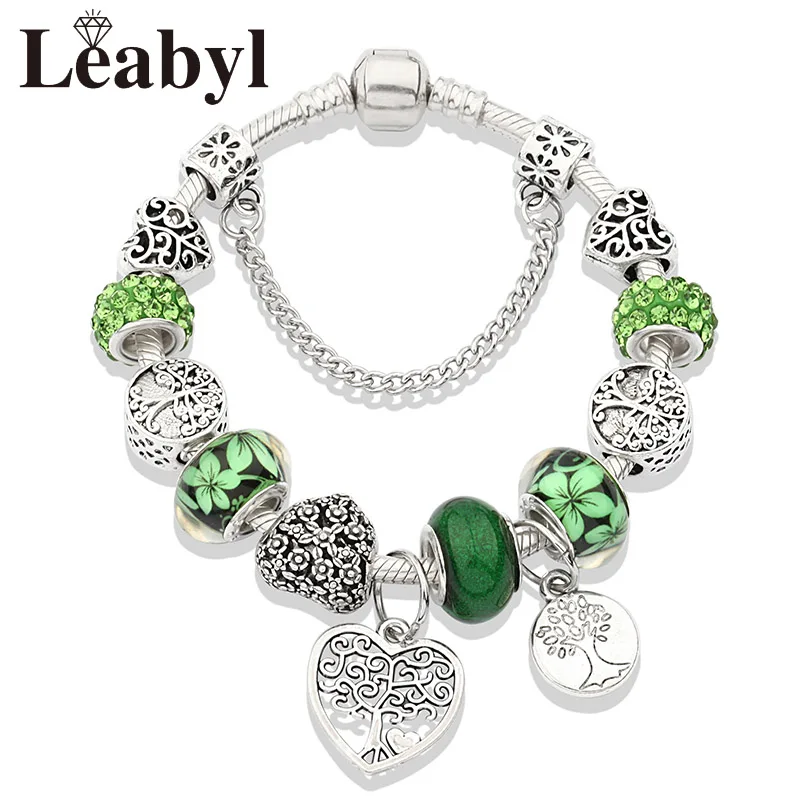 Charm Bracelets Antique Tibetan Silver Tree of Life Green Crystal Flower Bead with Heart Diy Jewelry Pulsera Mujer