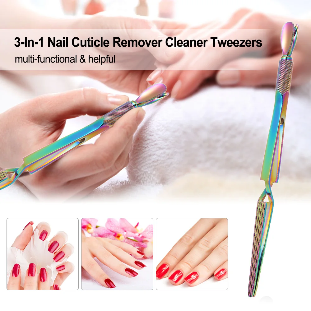 

3-In-1 Nail Cuticle Remover Cleaner Pusher Clamp Tweezers for Nail Extension Shaping Picking Rhinestones Tool Nail Tweezers