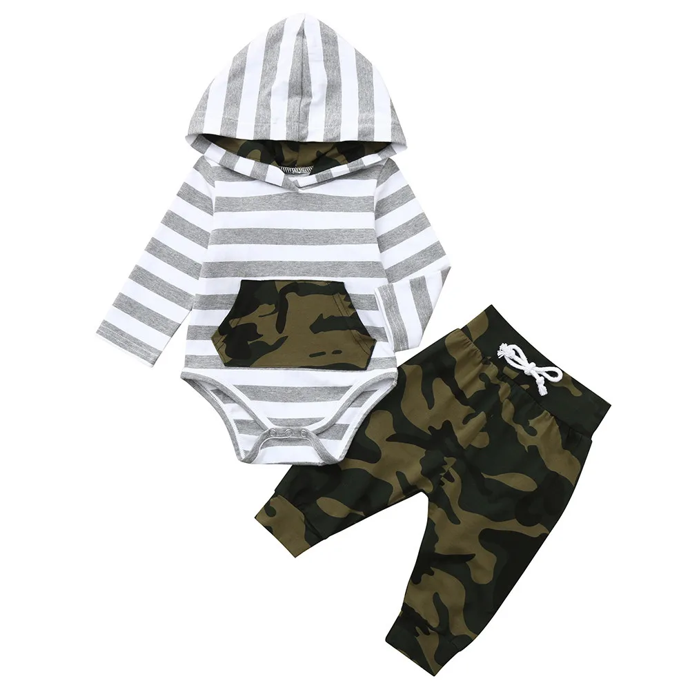 

Autumn Winter Toddler Infant Kids Baby Boy Girls Clothes Long Sleeve Striped Hoodie Romper Jumpsuit+ Camouflage Pants Outfits