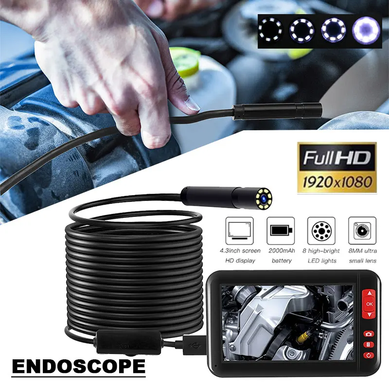 Видеоэндоскоп эндоскоп автомобильный Портативный эндоскоп прочный водонепроницаемый видео в режиме реального времени 4,3 дюймов инструмент для очистки ушей мониторинг 8 мм 1080p инспекционные фотографии