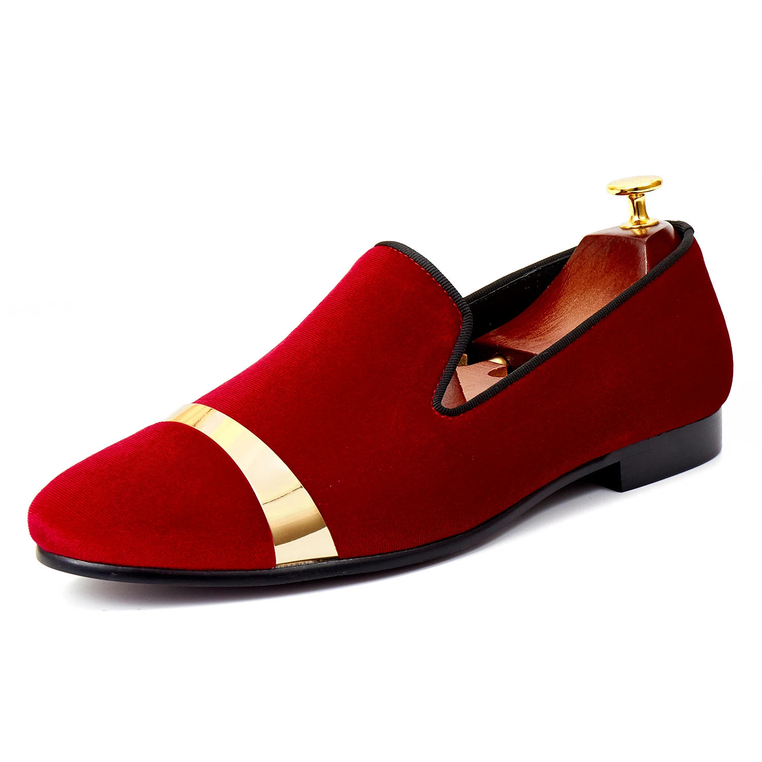 Harpelunde Gold Plate Men Dress Shoes Red Velvet Loafer Shoes Handmade Velvet Slippers Size 7-14