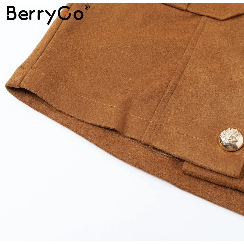 BerryGo элегантная замшевая мини-юбка трапециевидной формы с карманами, Женская однобортная юбка с высокой талией, Женская Повседневная модная Осенняя юбка