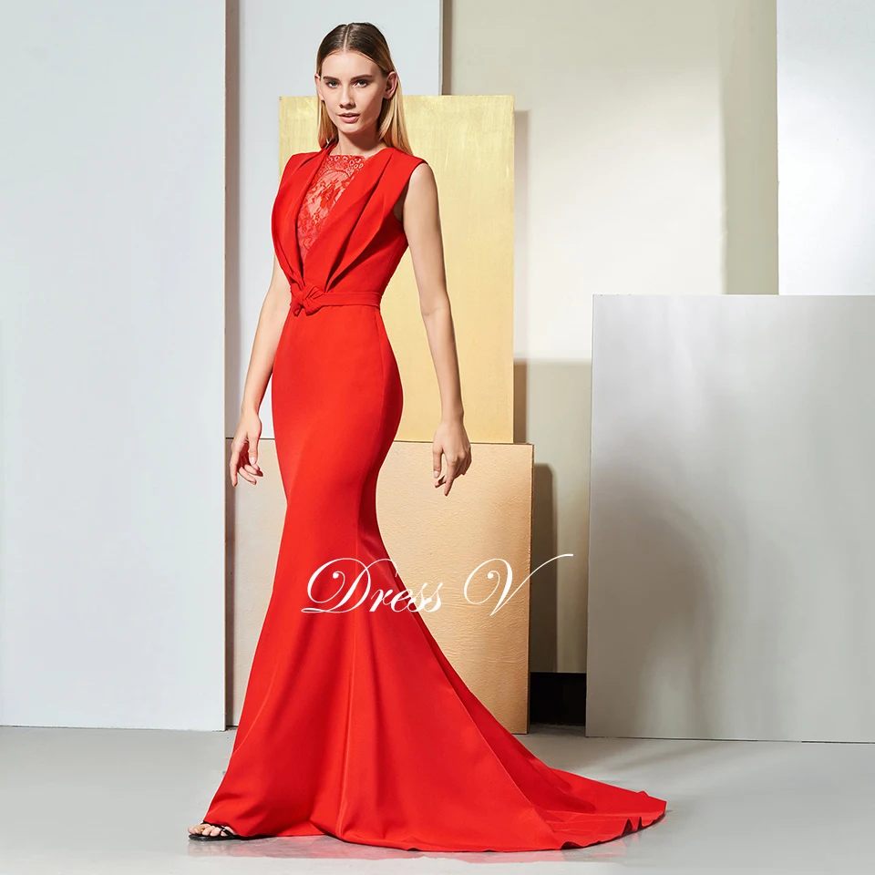 Dressv элегантное красное вечернее платье без рукавов с бантом, кружевное платье русалки со шлейфом для свадебной вечеринки, вечернее платье