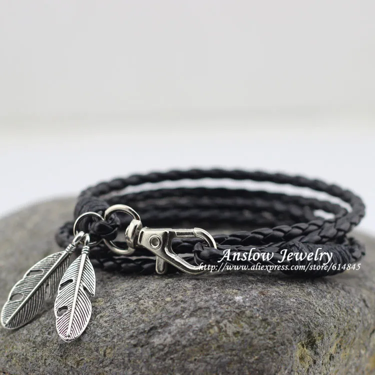 LOW0172LB Fashion Jewelry PU Leather Charm Friendship Bracelets Bangles Feather Accessories Wedding Men Jewelry Free Shipping
