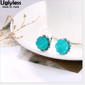 

Uglyless Natural Blue Amazonite Stud Earrings for Women Handmade Real Solid 925 Silver Fine Jewelry Gemstone Floral Studs Bijoux