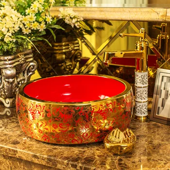 

Red Round Bathroom Counter Top Wash Basin Cloakroom Hand Painted Vessel Sink bathroom sink vitreous china wash basin