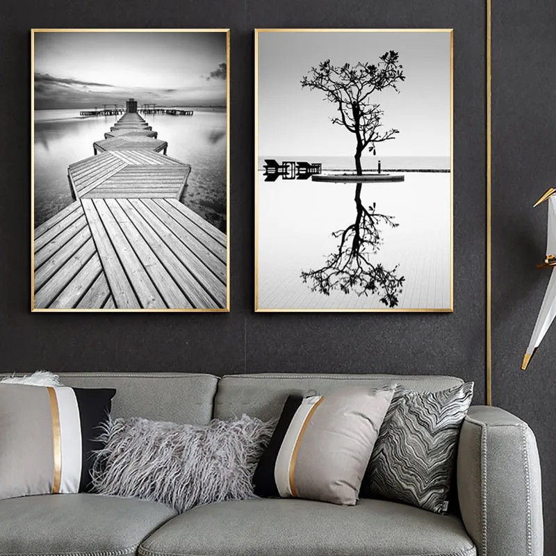

Nordic Minimalist Tree Reflection Poster Print Single Wooden Bridge Canvas Picture Home Wall Art Decoration Can Be Customized