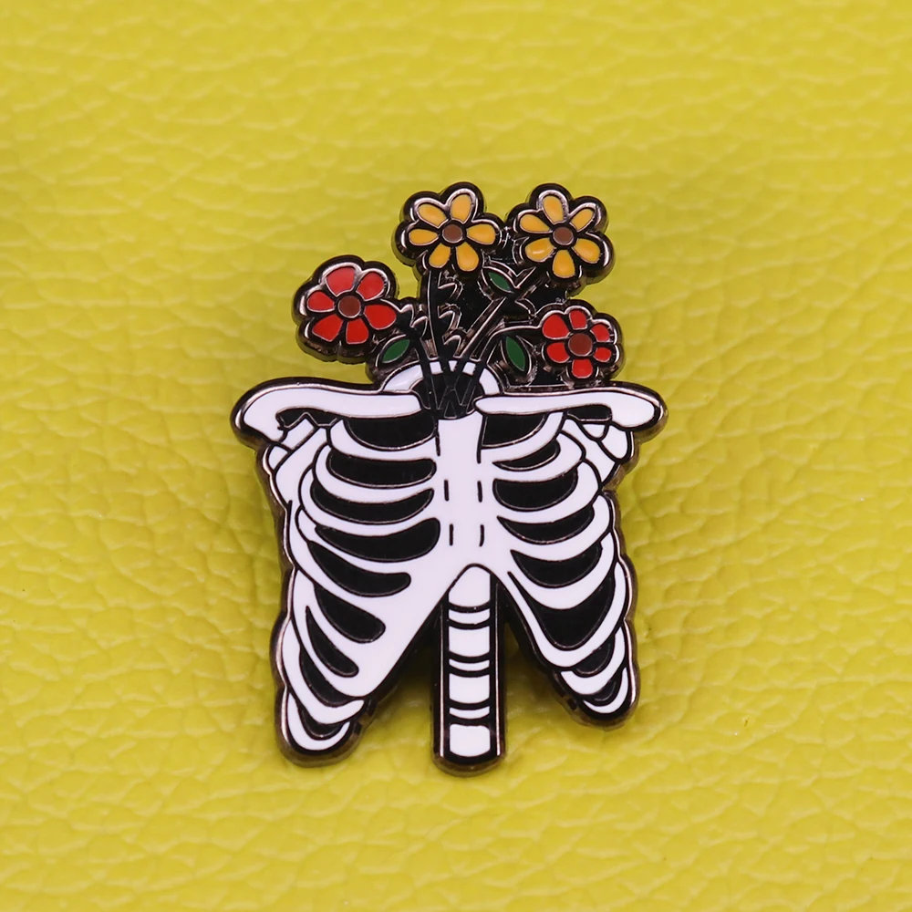 

Skeleton and flower enamel pin Gothic brooch Halloween gift