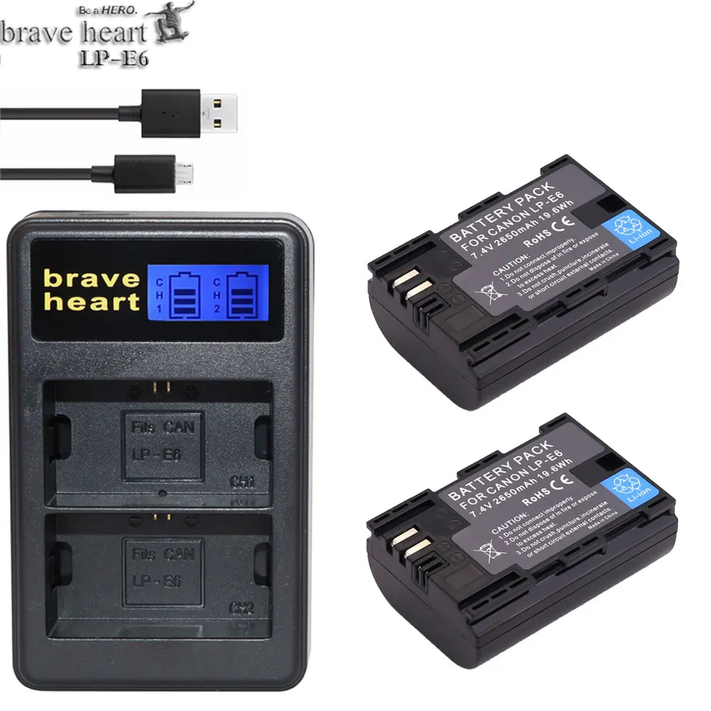 

2x LP-E6N LPE6N LPE6 LP-E6 LPE6 LP E6 E6N digital Camera Battery + LCD DUAL charger For Canon 5D Mark II III 7D 60D EOS 6D