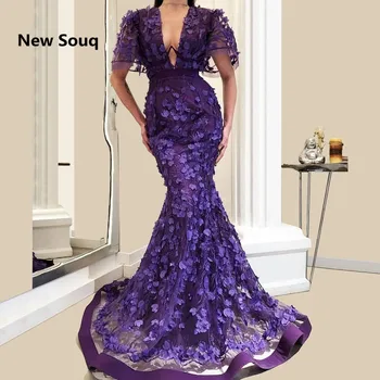 

Purple Mermaid 3D Floral Applique Evening Dresses Deep V-neck Plunging Neckline Long Prom Dress Custom Made Evening Gowns