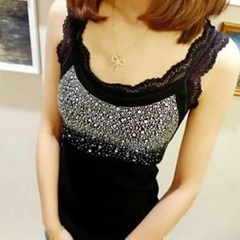 

Women's Rhinestone Sequin Lace Tank Top Sling Camisole Cami Shirt Vest Slim