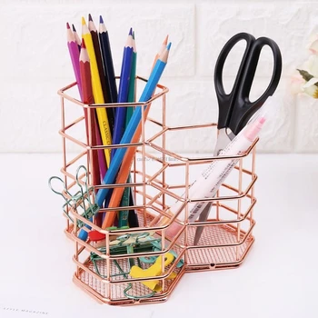 

Nordic Style Makeup Storage Box Hexagon Case Brush Pen Pencil Holder Desk Organizer Iron Storage Container