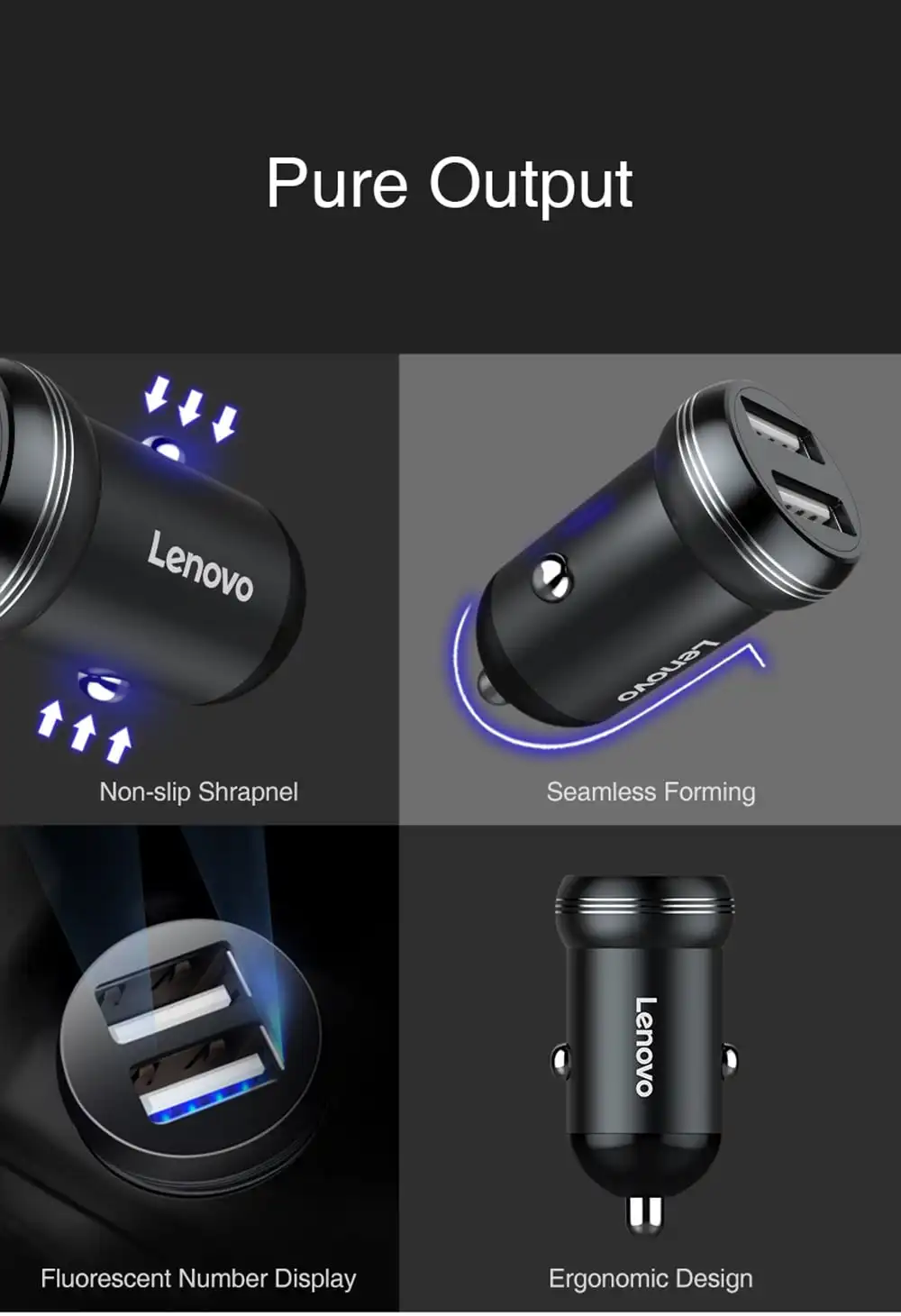 Lenovo HC11 Mini Portable Dual USB Ports Car Charger- Black