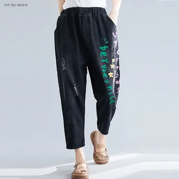 

Black Elastic Waist Woman Denim Jeans 2019 Autumn Vintage Boyfriend Loose Letter Printing Ladies Jean Pants Female