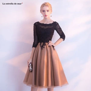 Cocktail Scoop Collar Halter Lace Half Sleeve Black Gold Stitching Cocktail Dress Tea Length Prom Gown