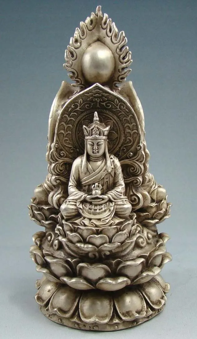 

Sitting Laughing Buddha rare Tibet silver three side Kwan-yin Buddha Statue Tibetan Garden Decoration 100% real Brass Bronze