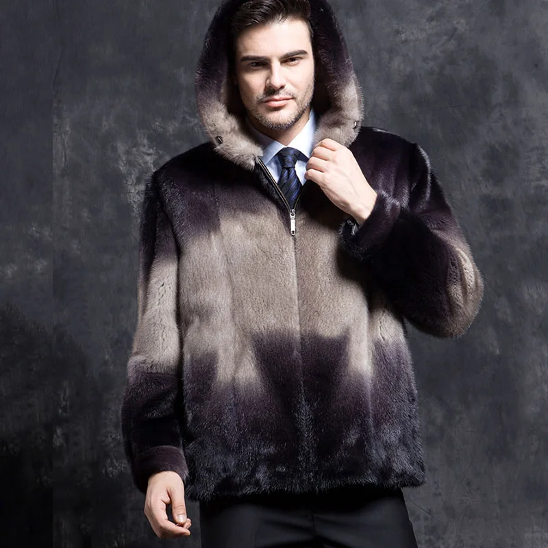 Fang Tai Fur 2019 Мужская импортная бархатная норковая шуба контрастного цвета с мехом Капор из норки пальто Мужская Короткая Повседневная