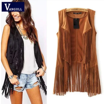 

Street wear Fringed coat Autumn Women's Clothing Faux suede button less solid color vest O-Neck Sleeveless fasgion Open Stitch