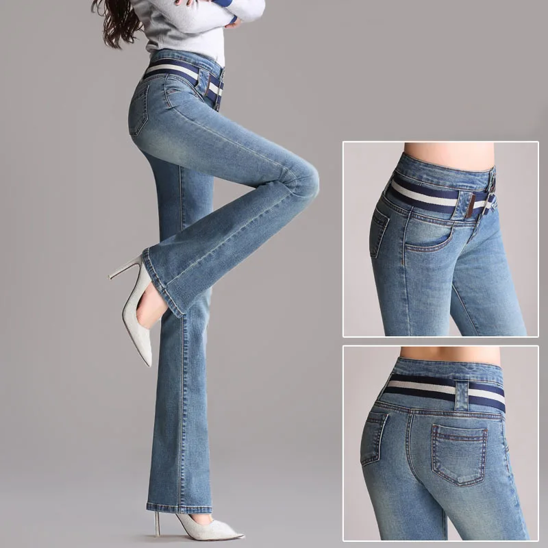 Spring and autumn new high waist micro La jeans women stretch the abdomen bell pants large size Slim straight wide pants