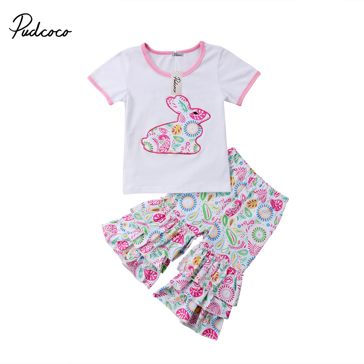 

2018 Newborn Toddler Baby Girls Cartoon Outfit Bbaies Easter T-shirt Tops+Flare Pants Leggings Clothes Set