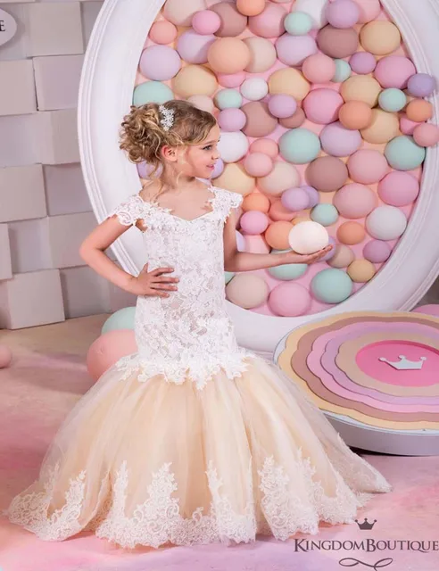 Cheap New Flower Girls Dress Elegant White and Yellow Princess Dress Pageant Short-Sleeve Tulle Appliqued Flower Girl's Mermaid