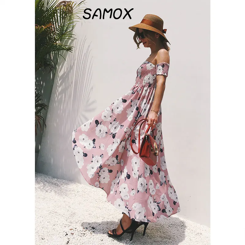 JSMY 2019 New Summer Fashion Women Off-the-shoulder Split Printing Chiffon Beach Dress