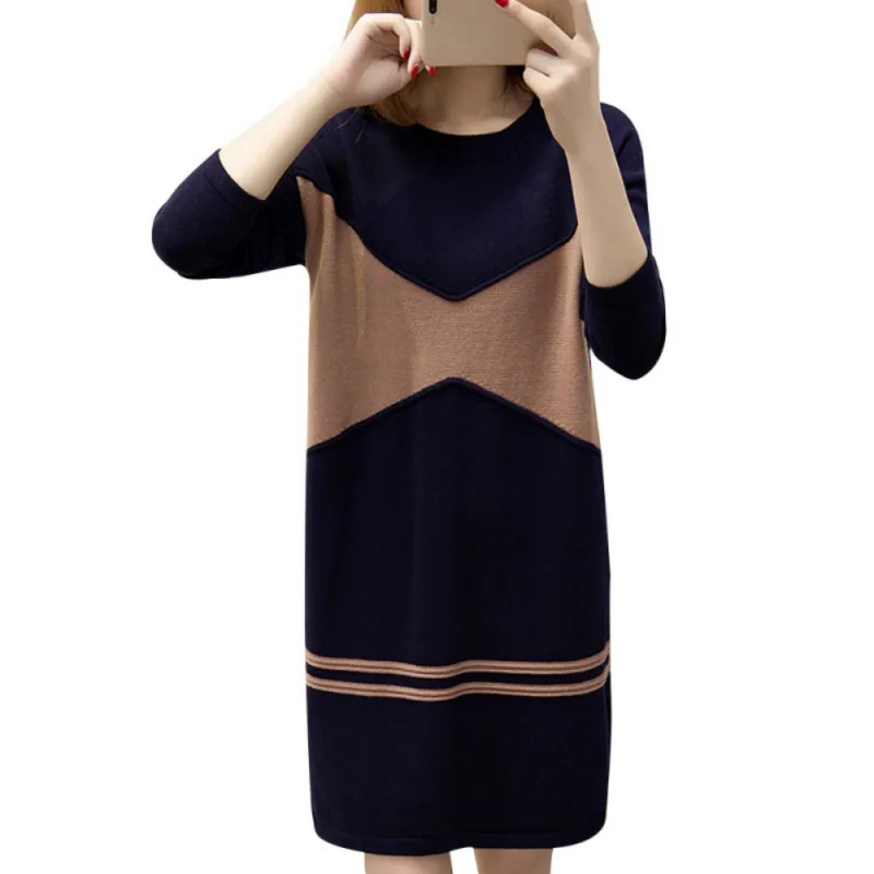 

Elegant Long Sleeve O-neck Warm Dress Patchwork Knitted Midi Vestidos New 2018 Women Casual Autumn Sexy Casual Dresses Fashion