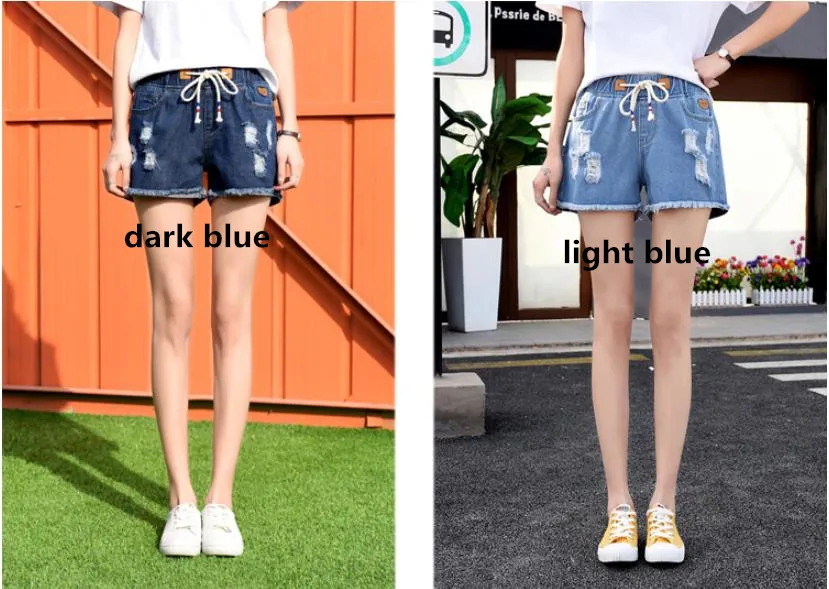 Повседневное на шнуровке Denim Эластичный Жан рваные шорты Drawstring Для женщин летние середины талии плюс Размеры Micro короткие для женщин