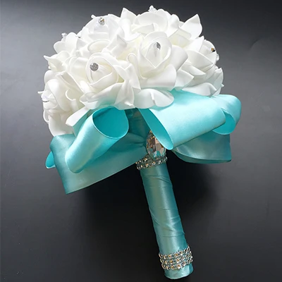 Красивый белый свадебный цветок цвета слоновой кости Свадебный букет Искусственный цветок «Роза» букет хрустальные свадебные букеты - Цвет: Tiffany blue