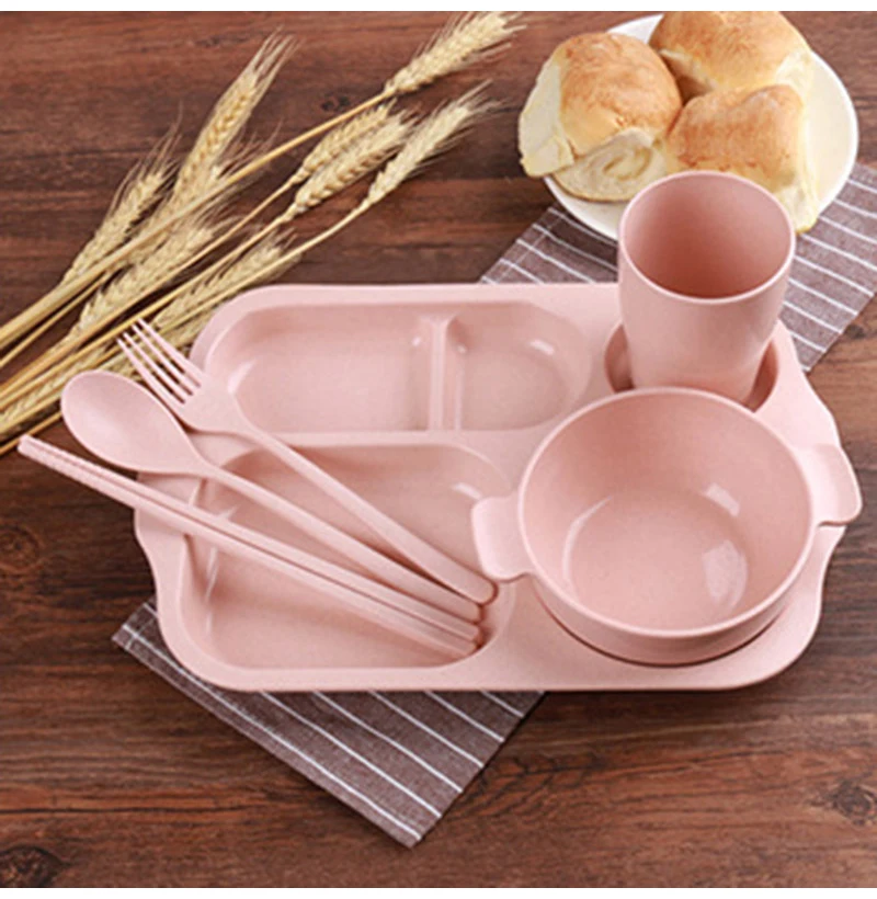 Conjunto de Placa de Alimentação Bandeja do Bebê Comida da Criança Pratos com Garfo Crianças Louça Trigo Palha Recipiente Colher Utensílios T0529 12 Mamãe e Bebê