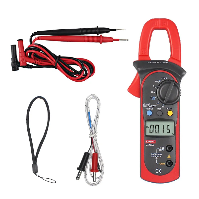 

UT204A Digital Handheld Auto Range Clamp Multimeter DMM AC/DC Volt Amp Resistance Capacitance Frequency Temperature Tester