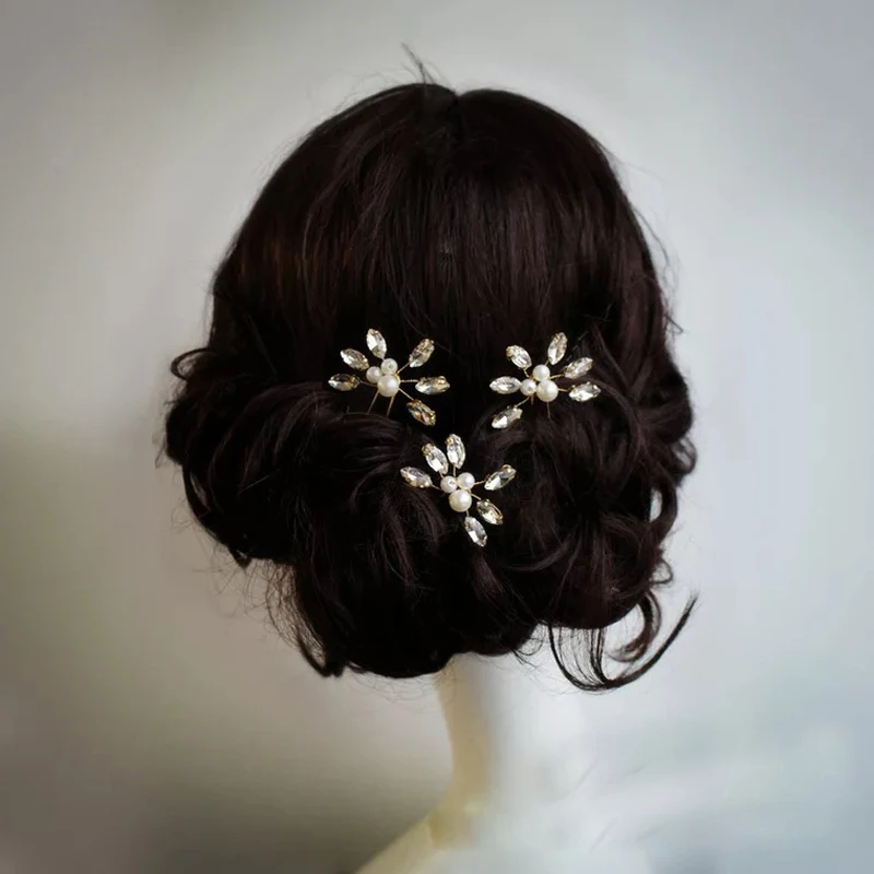 Bavoen, 3 шт./лот, женские сверкающие заколки для невесты, Золотые кристаллы, свадебные гребни для волос, жемчужные резинки для волос, свадебные аксессуары для волос
