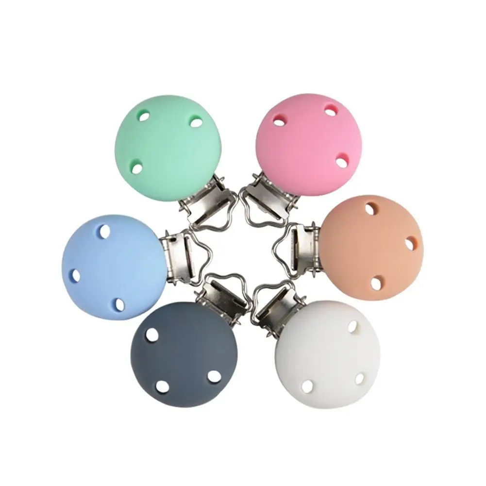 

6 Colors Round Shaped Pacifier Clip Bead Baby Teether Teething Accessories Clip ToyDIY Three-hole Round Food Grade Silicone Clip