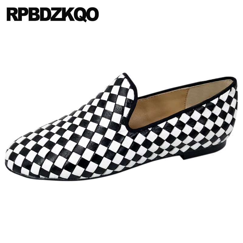 

designer shoes women luxury 2018 loafers china high quality 10 large size flats round toe black and white genuine leather plaid