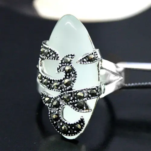 

Hot sale new Style >>>>11mmX26mm White Opal Marcasite 925 Sterling Silver Ring Size 7/8/9